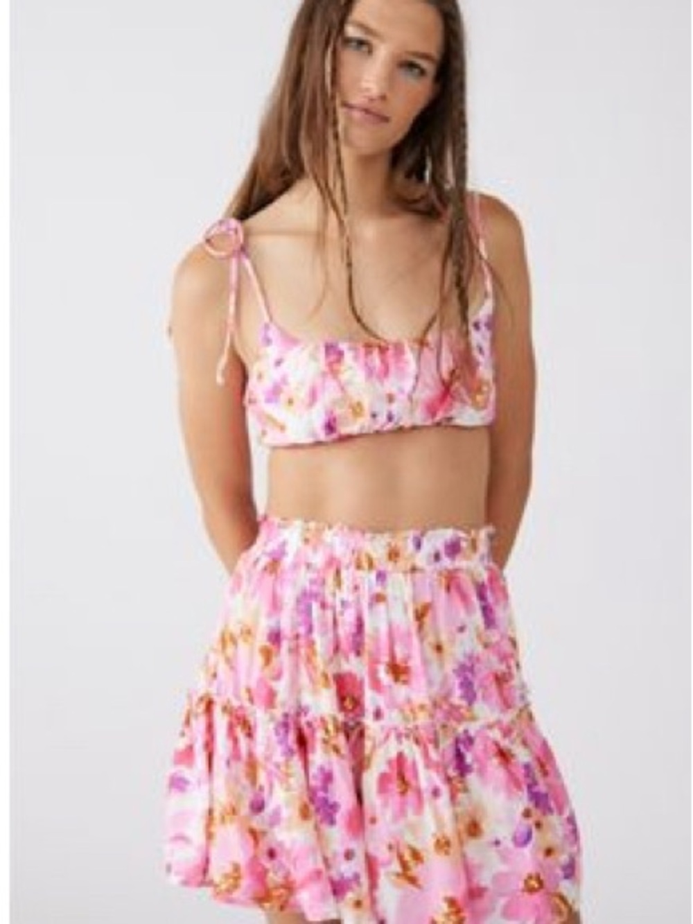 Urban Outfitters Pink Floral Tiered Mini Skirt